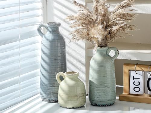 Ceramic Vase Set of 3 | Neutral Vase Home Decor with Handle | Pottery Modern Farmhouse Vases Pampas Grass Flower Vases for Home Decor Table Living Room Centerpieces Mantel Decor - Multicolor - color: 010 Vase Set With Handle - Multicolor