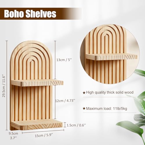 Artilady 2 Pack Floating Shelves for Wall Decor Boho Wood Hanging Shelf Plant Holder 2-Tier Trinket Storage Rack Rainbow Arch Home Decor for Bedroom Living Room Office Apartment - color: 2 Burlywood