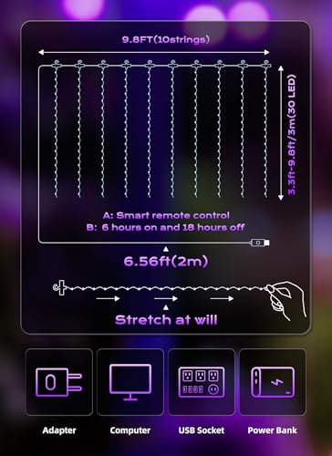 Brightown 300 LED Purple Fairy Curtain Lights, 9.8ft x 9.8ft String Lights, USB Plug in 8 Lighting Modes Christmas String Hanging Lights with Remote for Bedroom Indoor Outdoor Party Xmas Purple 1 Pack - color: Purple, size: 1 Pack-300 LED-USB Plug