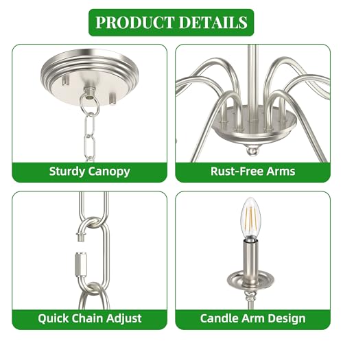 6-Light Farmhouse Chandelier 28'', Rustic Industrial Kitchen Island Pendant Lighting Fixture, Vintage Candle Ceiling Light for Dining Room, Living Room, Entryway, Bedroom-Brushed Nickel - color: Brushed Nickel