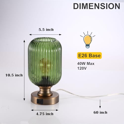 Mid Century Glass Table Lamp,Dimmable Desk Lamp,LED Bulb Included,Touch Control & USB A+C Port,Green Ribbed Glass - color: Green Ribbed, size: USB + Touch