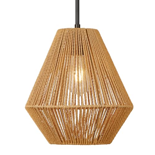 LynPon 12“ Boho Rattan Pendant Light with Rod Hanging, Black Boho Light Fixture with Hanging Lamp Shade, Farmhouse Coastal Wicker Pendant Light for Kitchen Dining Room Bedroom Hallway Foyer Bathroom - color: 12" Black and Natural