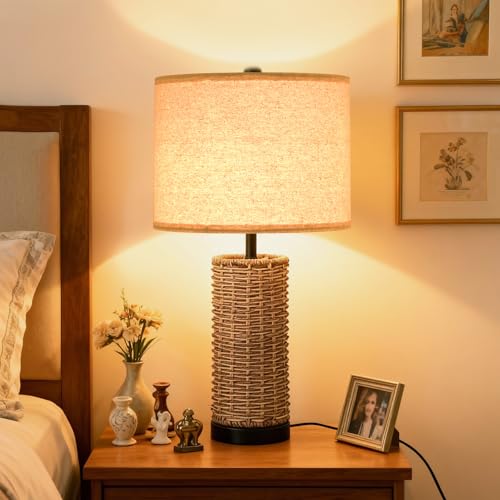 23.3" Boho Table Lamps for Living Room, Bedside Lamp for Nightstands, Rattan Lamp Wicker Lamp for Bedroom, Farmhouse Rustic Woven Table Lamp for Kitchen Room Decor, End Table, Retro(No Bulb) - color: Rattan-A