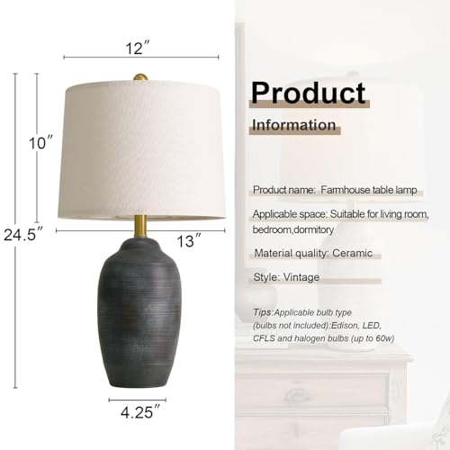 USumkky 24.5" Vintage Ceramic Table Lamp with 5FT Cord- Single Farmhouse Rustic Bedside Lamp with Natural Textured Finish, Nightstand Lamps for Living Room, Bedroom, End Table, Office Retro Black - color: 24.5" Retro Black