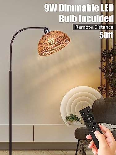 Brilvibera Boho Floor Lamp with Remote – Bronze Tall Lamp with Stepless Dimmable Bulb and Adjustable Rattan Shade for Living Room, Bedroom, Office - style: Bronze Rattan Standing Floor Lamp