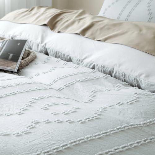 Duvet Cover Queen, 3PCS Boho Duvet Cover Set, Geometric Pattern Tufted Bohemian Comforter Cover Jacquard Knit Textured Bedding Set with Zipper Closure (Light Grey) - color: Light Grey, size: Queen