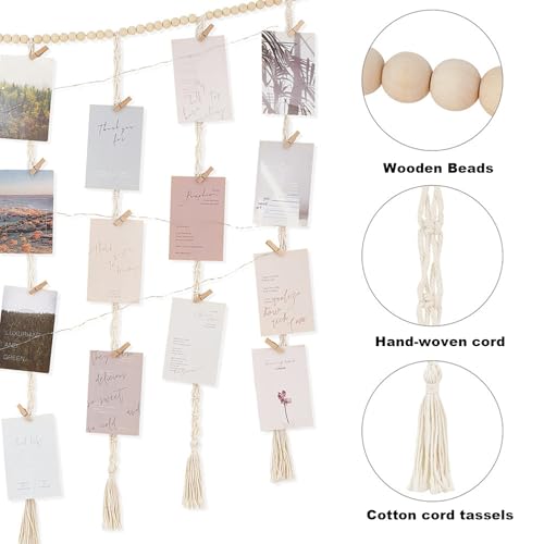 Macrame Hanging Photo Display Wall Decor, Bohemian Style,Picture with String Lights, Featuring a 30-Clip Teen Girl College Bedroom Living Room Classroom