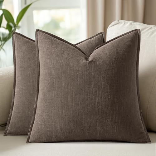 Decorative Linen Solid Throw Pillow Covers 18x18 Inch Set of 2 Coffee Boho Accent Farmhouse Pillows Modern Neutral Home Decor for Couch Sofa Living Room Bed - color: Coffee, size: 18" x 18" (Pack of 2)