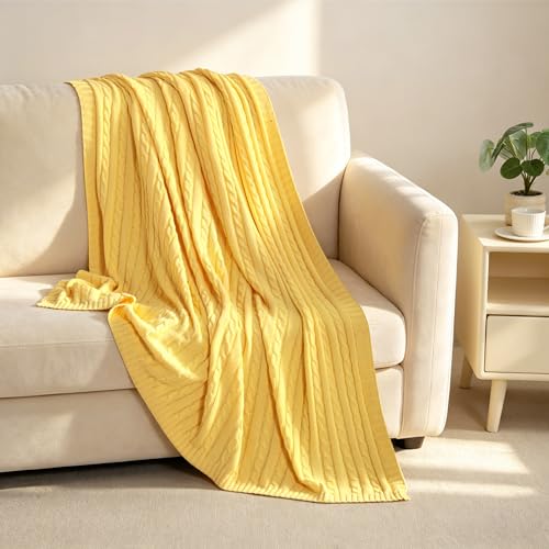 NTBAY 100% Pure Cotton Cable Knit Throw Blanket, Super Soft Warm 51x67 Knitted Throw Blanket for Couch, Sofa, Chair, Bed - Extra Cozy, Machine Washable, Comfortable Home Decor, Yellow - color: Yellow, size: Throw(51"x67")