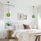 BOKT Mid Century Green Glass Pendant Lights 2-Light Mini Globe Ceiling Pendant Light Ribbed Glass Pendant Light Gold Finish Hanging Light Fixture for Kitchen Island Foyer - color: Green-2 Pack