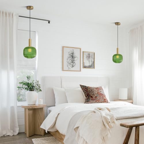 BOKT Mid Century Green Glass Pendant Lights 2-Light Mini Globe Ceiling Pendant Light Ribbed Glass Pendant Light Gold Finish Hanging Light Fixture for Kitchen Island Foyer - color: Green-2 Pack
