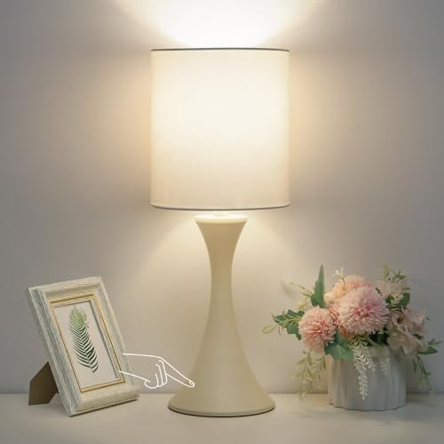Seaside village Dimmable Bedside Lamp, 3 Way Touch Control Table Lamp, Modern Nightstand Lamp with Beige Shade and Cream Base, Small Desk Lamp for Living Room, Dorm, Home Office, 9W LED Bulb Included - color: Cream Base with Beige Shade