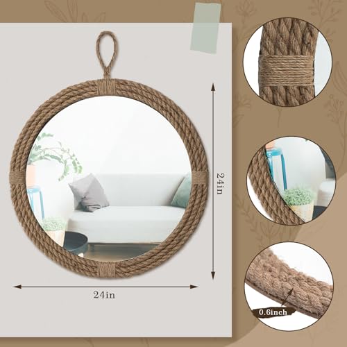 Vercraft Nautical Mirror 24 Wall Decor with Rope Wrapped Trim and Hanging Loop Round Circle Coastal Boho Mirror Nautical Rustic Decorative for The Living Room, Bedroom Bathroom and Entryway - color: Brown, size: 24"L x 24"W, style: Vintage