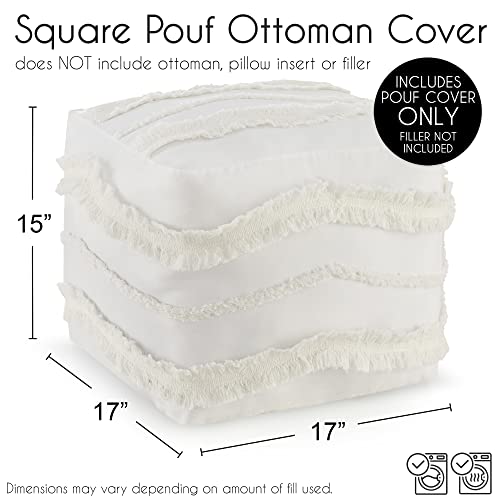 KB & Me Off White Ivory Canvas Boho Chic Tufted Pouf Cover Square Bohemian Fringe Minimalist Geometric Ottoman Storage Case Modern Foot Rest Floor Pillow Decorative Unstuffed Pouffe Cube