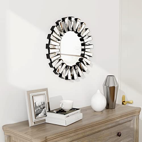 SHYFOY 18” Decorative Wall Mirror for Living Room, Round Mirror for Wall Decor, Modern Entryway Mirror, Sunburst Bedroom Mirrors Frameless Silver Wall Decor - size: 18"L x 18"W