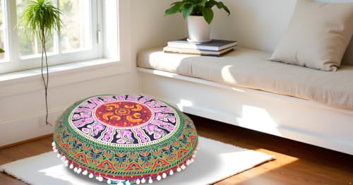 Multi 6 Color Round Mandala Floor Pillow Cover Seating Cushion Throw Cover Hippie Decorative Bohemian Ottoman Pouf Cover, Pom Pom Pillow Cases,Boho Indian 32 Inches - color: Pink/Green, size: 32" Round