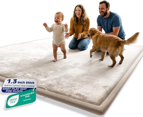AEOCOO Baby Play Mat for Floor Cushion, 59x71x1.3" Thick Memory Foam Tummy Time Mat, CloudSoft Velvet Non slip, Toddlers Baby Kids Extra Large Nursery Rug for Crawling, Living Room, Beige - color: Beige, size: 59 x 71 x 1.3 Inch