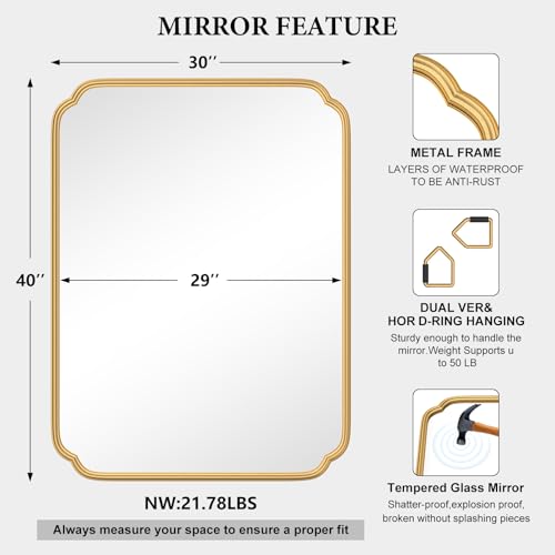 Ferytange 30" x 40"Gold Bathroom Mirror for Over Sink, Modern Rounded Corner Rectangle Wall Mirror for Bathroom Vanity Decorative with Non-Rusting Iron Metal Framed (Horizontal/Vertical) - color: Gold, size: 40"L x 30"W