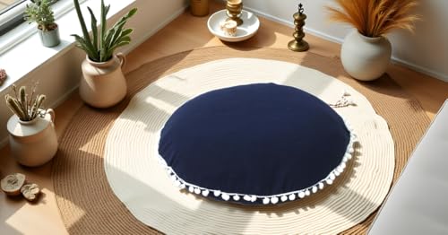 Mandala Barmeri Large Floor Pillow Cover Cushion Meditation Seating Ottoman Throw Cover Hippie Decorative Zipped Bohemian Pouf Ottoman Poufs, Pom Pom Pillow Cases (Blue, 22" Round) - color: Blue, size: 22"D x 4"W x 22"H
