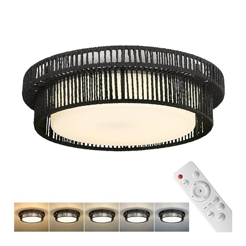 Black Rattan Ceiling Light, HWH 15W LED Woven Flush Mount Ceiling Light 13'' Boho Light Fixtures Ceiling Coastal Twine Lighting Fixtures for Bedroom Hallway, 5HYS78F-LED BK - color: Black, size: 13 Inch