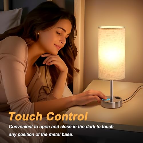 Dicoool Touch Table Lamp for Bedroom, 3 Way Dimmable Bedside Lamp with USB C & A Charging Ports - Small Desk Lamp for Dorm Room, College, Kids, Office, Living Room, White - color: Light Beige-Silver Metal, size: 14in