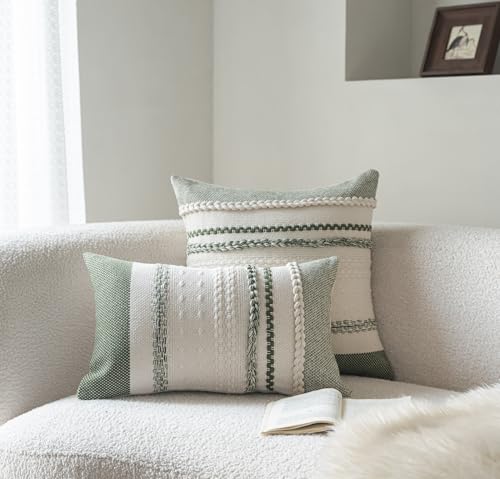 Cethom Boho Throw Pillow Covers 12x20 Inch Set of 2, Green Textured Decorative Couch Pillow Cases for Farmhouse Home Decor, Accent Cushion Cover for Sofa, Bed, Living Room, Bedroom - color: Green, size: 20" x 12" (Pack of 2)