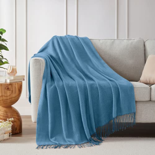 BOURINA Herringbone Two Tone Throw Blanket Faux Cashmere Fringe Soft Lightweight Cozy for Bed Couch Decorative Throws Blanket, Spa Blue, 50" x 60" - color: Spa Blue, size: 50"x60"