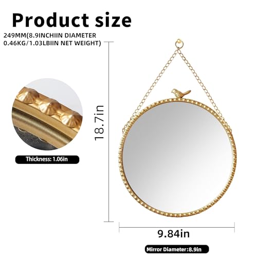 9.8 Inch Small Vintage Gold Round Wall Mirror with Sparrow Design-Iron Framed Mirror for Bathroom, Bedroom Or Dressing Room-Small Wall Mounted Mirror with Metal Bead Accents