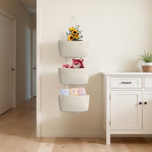 White 3-Tier Woven Cotton Rope Hanging Basket, Over the Door Organizer, Adjustable Detachable Wall Basket with Metal & Adhesive Hooks, No Drilling for Kitchen, Pantry & Fruit Produce Storage - style: White