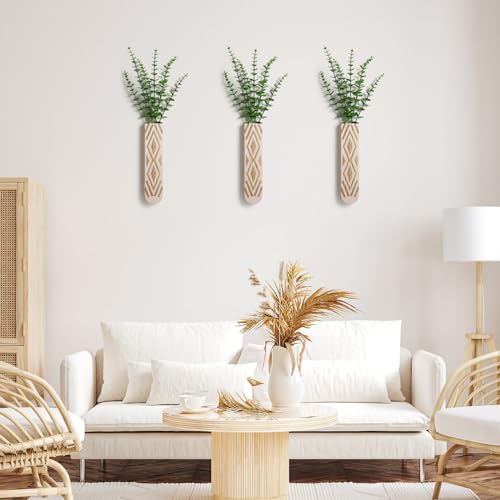 3 Pack Wood Wall Planter, Boho Wall Art for Entryway and Bathroom Decor, Modern Farmhouse Decor, Wall Decor Vase for Holding Fake Plants and Dried Flowers - color: Log Color-b