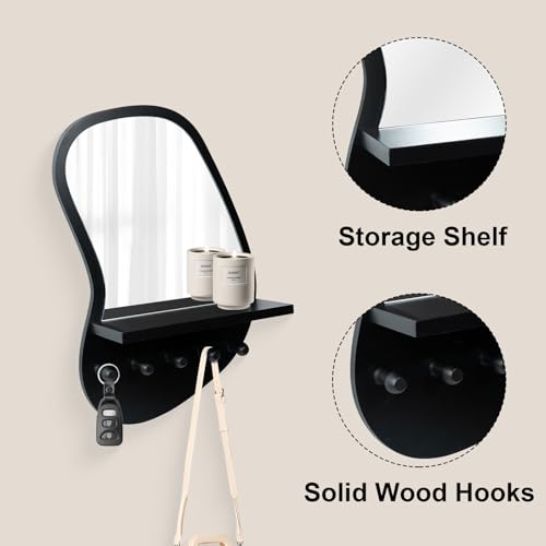 SANY DAYO HOME Wall Mount Wood Frame Irregular Mirror with 5 Wooden Hooks and Shelf, Modern Decorative Hanging Mirror for Entryway, Bedroom, Living Room (16″ x 12″, Black) - color: Black