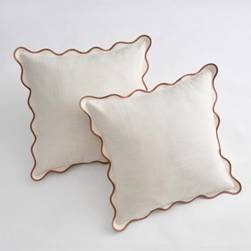 Scalloped Throw Pillow Covers 24x24 Inch Set of 2, Cotton & Linen, Boho Sytle Decorative Couch Bed for Living Room (Beige Pillow & Brown Edge) - color: Beige, size: 24" x 24" (Pack of 2)