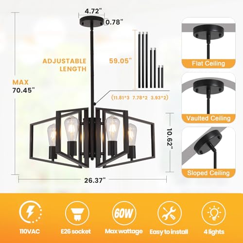 WJShome Black Chandelier, 4-Light Farmhouse Dining Room Light Fixture/Chandelier Over Table, Geometric Pendant Lights Kitchen Island, for Entryway, Foyer, Hallway - color: Black