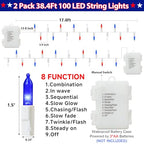 Couah 2 Pack 100 LED 38.4FT Red White and Blue Lights Battery Operated, Patriotic 4th of July Lights 8 Modes-Timer Indoor Outdoor Party Patriotic Memorial Day Independence 4th of July Decorations - size: 34.8FT-Red White Blue