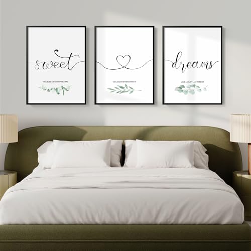 Framed 3 Piece Wall Art Bedroom, Sweet Dreams Signs Pictures Wall Decor Above Bed, Modern Minimalist Master Guest Room Wall Decor, Painting Print Script White Canvas Artwork for Walls, 12x16 Inch - color: Black and White