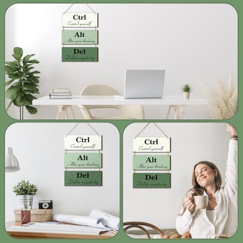 Qunclay 3 Pcs Office Wall Decor Green Wood Rustic Hanging Cubicle Decor Summer Inspirational Ctrl Alt Del Sign Decoration for Bathroom Indoor Home Living Room - color: Green, style: Classic