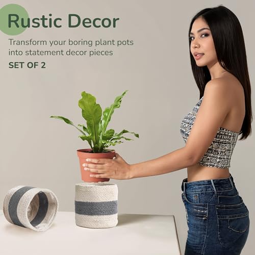 Jute Planter Basket-Woven Jute Rope Covers for Decorating Indoor/Outdoor Succulents, Small Plant Pots-Set of 2-Multi-Purpose Storage Bins 6.5 Inches - Modern Style Décor - Gray & White - color: Gray & White- Pack of 2, size: 6.5 Inch
