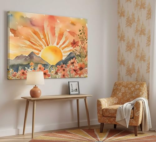 Boho Sun Canvas Wall art Mid-Century Modern Abstract Bohemian Sunset in The Mountains Watercolor Wildflowers Sunrise Landscape Picture Wall Decor Poster Print Artwork for Living Room Bedroom - color: Sunrise-Canvas, size: 16"L x 12"W