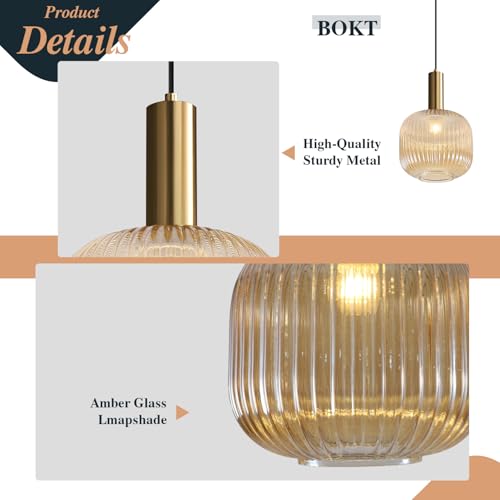 BOKT Modern Large Amber Glass Globe Pendant Light Fixture Brushed Brass Gold Kitchen Island Pendant Lighting Farmhouse Single 1-Light Spherical Ceiling Hanging Pendant Light (Amber) - color: Amber
