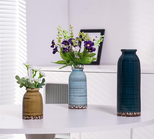 Ceramic Vase Set of 3, Farmhouse Decorative Vase for Pampas Grass, Living Room, Bathroom,Bookshelf, Centerpieces (Blue/Navy Blue/Yellow) - color: Blue-vt 1