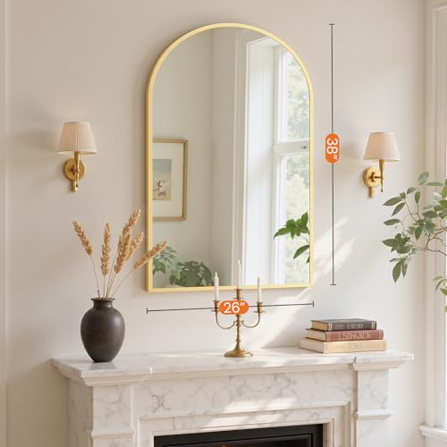 NEWBULIG 26X38 Inch Arched Bathroom Mirror for Wall, Vanity Bathroom Mirrors for Over Sink Tempered Glass, Anti-Rust Arched Metal Framed, Hangs Horizontally or Vertically, Farmhouse Home Decor, Gold - color: Gold-arched, size: 38"L x 26"W