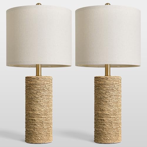 BOBOMOMO Boho Lamps Set of 2, 25.5" Coastal Farmhouse Bedside Lamps, Resin Woven Rattan-Look Nightstand Lamps with Linen Shade & Rotary Switch for Bedroom Living Room Home Decor
