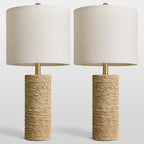 BOBOMOMO Boho Lamps Set of 2, 25.5" Coastal Farmhouse Bedside Lamps, Resin Woven Rattan-Look Nightstand Lamps with Linen Shade & Rotary Switch for Bedroom Living Room Home Decor