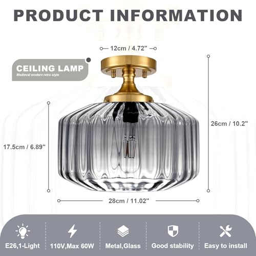Gray Ribbed Glass Lantern Flush Ceiling Light, Antique Gold Semi-Flush Ceiling Light Fixture, Mid-Century Modern Ceiling Lamp for Foyer, Hallway, Porch, Bedroom - color: Light Gray