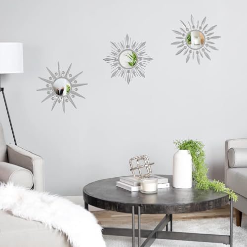 Silver Mirrors Wall Decor, Metal Sunburst Mirror Wall Art Christmas Decorative Mirrors, 9 inch Home Christmas Decoration Rhinestone Small Mirror for Living Room Entryway Set of 3 - color: Silver- a