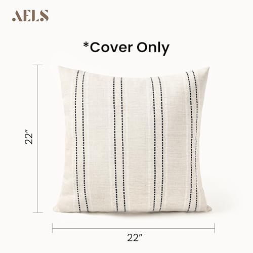AELS 22x22 Decorative Farmhouse Linen Blend Throw Pillow Covers, Boho Textured Pillow Case, Set of 2, Beige with White & Black Stitch Yarn Dyed Stripe Cushion Cover for Sofa Living Room (Cover ONLY) - color: Beige With White & Black, size: 22" x 22" (Pack
