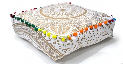 INDIAN CRAFT CASTLE ICC Mandala Barmeri Large Floor Pillow Cover Cushion Meditation Seating Ottoman Throw Cover Hippie Decorative Zipped Bohemian Pouf Ottoman Cases Gold, 24" Square - color: Gold, size: 16"D x 16"W x 5"H