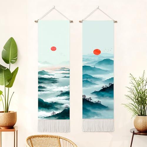 seewan 2 Pack Long Vertical Wall Tapestry, Boho Nature Landscape & Floral Aesthetic Wall Hanging for Bedroom Living Room Home Decor, Long Narrow Art Tapestry with Sunrise Mountain Botanical Designs, 13" × 51" (Blue Ridge Sunrise, 13"Wx51"H, Unframed) - co