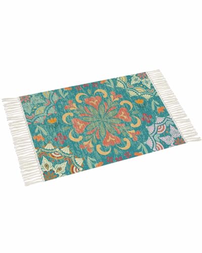 Green Boho Bathroom Rug 2' x 3', Shabby Vintage Ethnic Abstract Floral Art Low Profile Front Entryway Rug with Tassels, Woven Cotton Washable Kitchen Mat Carpet for Foyer Bedroom Back Door Decor - color: Teal, size: 2' x 3' (Rectangular)