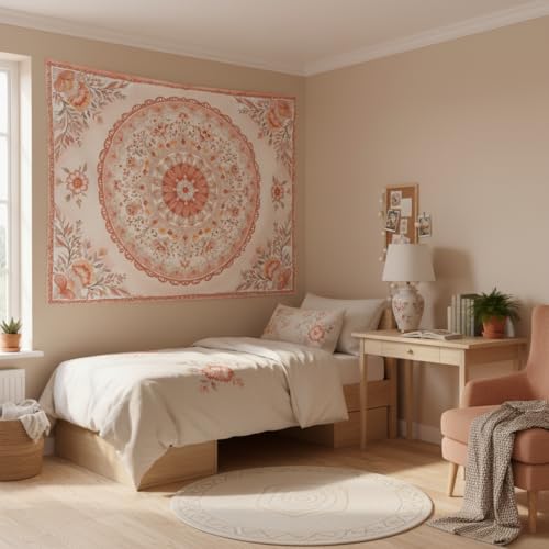 Motanber Pink Mandala Tapestry Wall Hanging Boho Floral Tapestry Aesthetic Watercolor Flower Medallion Cute Small Tapestries for Bedroom Living Room Dorm Decor 60 x 44 Inch - color: Peach Pink, size: 60"L x 44"W